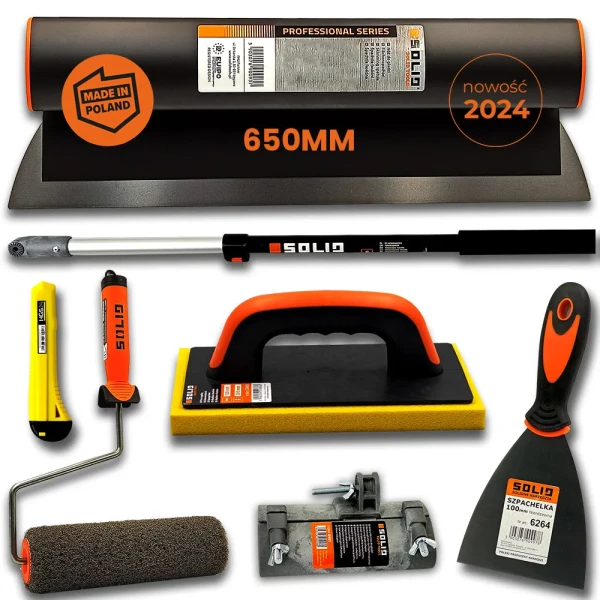Nóż do gładzi SOLID 65cm + kij z uchwytem + wałek 25cm click + paca żółta + szpachelka 100mm + nożyk HGS NDG30