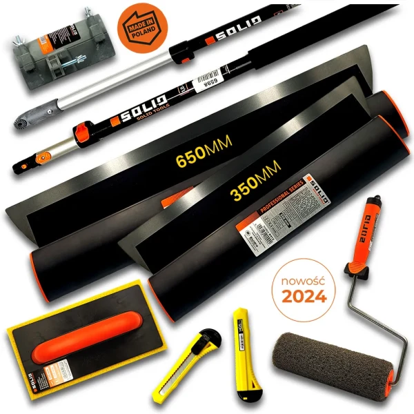 Noże do gładzi SOLID + kije teleskopowe + wałek system click + paca żółta + nożyk HGS NDG34