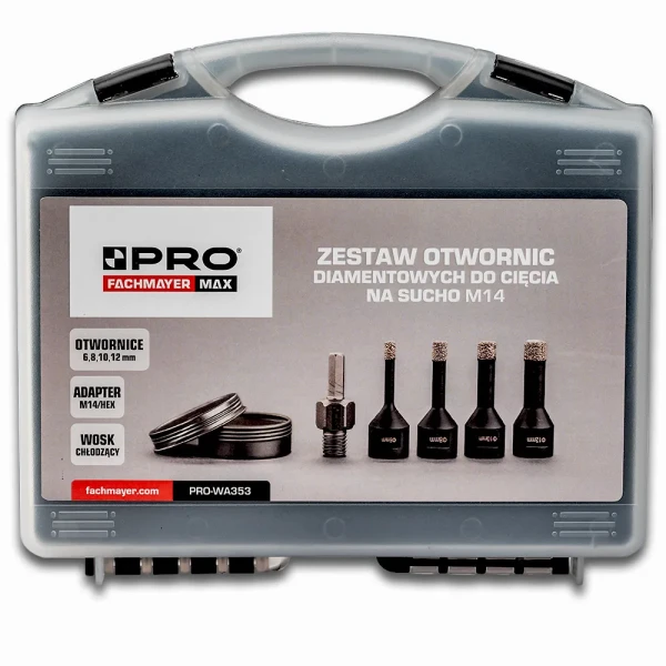 Zestaw otwornic diamentowych do cięcia na sucho M14 + wosk + adapter | PRO Fachmayer