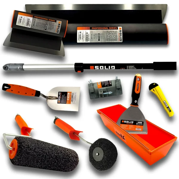 Noże do gładzi 65cm + 25cm | Kij + adapter | Wałek 25cm click | Wałek narożny click | Kuweta motive | Szpachelka z bitem PH2 | Kielnia 80mm Zestaw do gładzi NDGX3