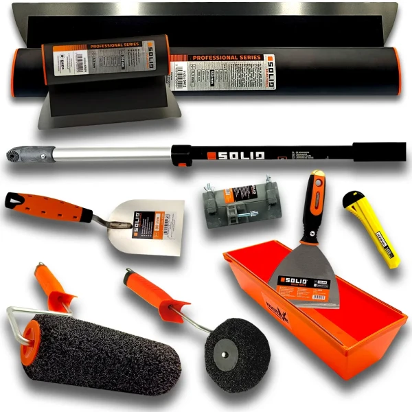 Noże do gładzi 80cm + 25cm | Kij + adapter | Wałek 25cm click | Wałek narożny click | Kuweta motive | Szpachelka z bitem PH2 | Kielnia 80mm Zestaw do gładzi NDGX4