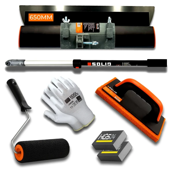 Nóż Kosa do gładzi 65cm + kij z adapterem + wałek 18cm + paca + 2xkostka +  rękawiczki SOLID NDG55