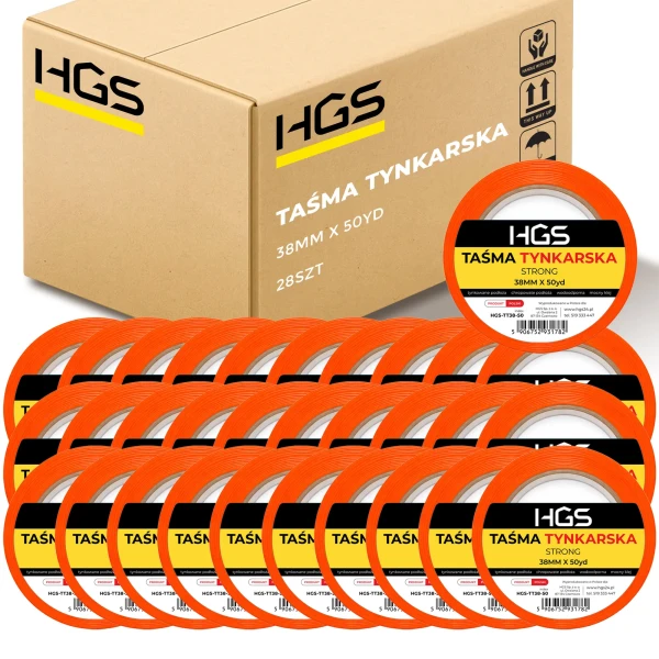 28x Taśma tynkarska HGS pomarańczowa 38mm x 50yd MOCNY KLEJ BUDOWLANA WODOODPORNA UV HGS-TT38-50 (cały karton)