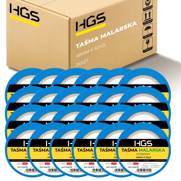 24x Taśma malarska HGS niebieska 48mm x 50yd Delikatny klej HGS-TM48-50 CAŁY KARTON