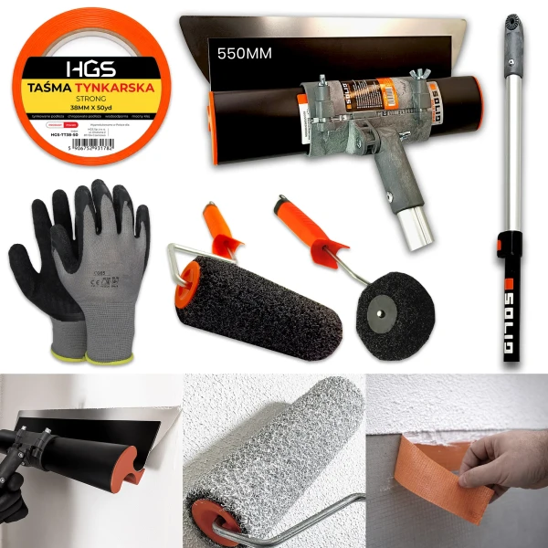 Zestaw do gładzi NDGX8 Nóż 55cm | Kij + adapter | Wałek 22cm click | Wałek narożny click | Taśma tynkarska 38mm | rękawiczki