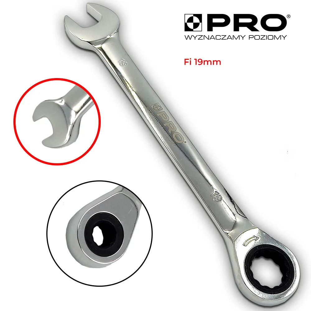 klucz płasko-oczkowy z grzechotką 19mm stal crv