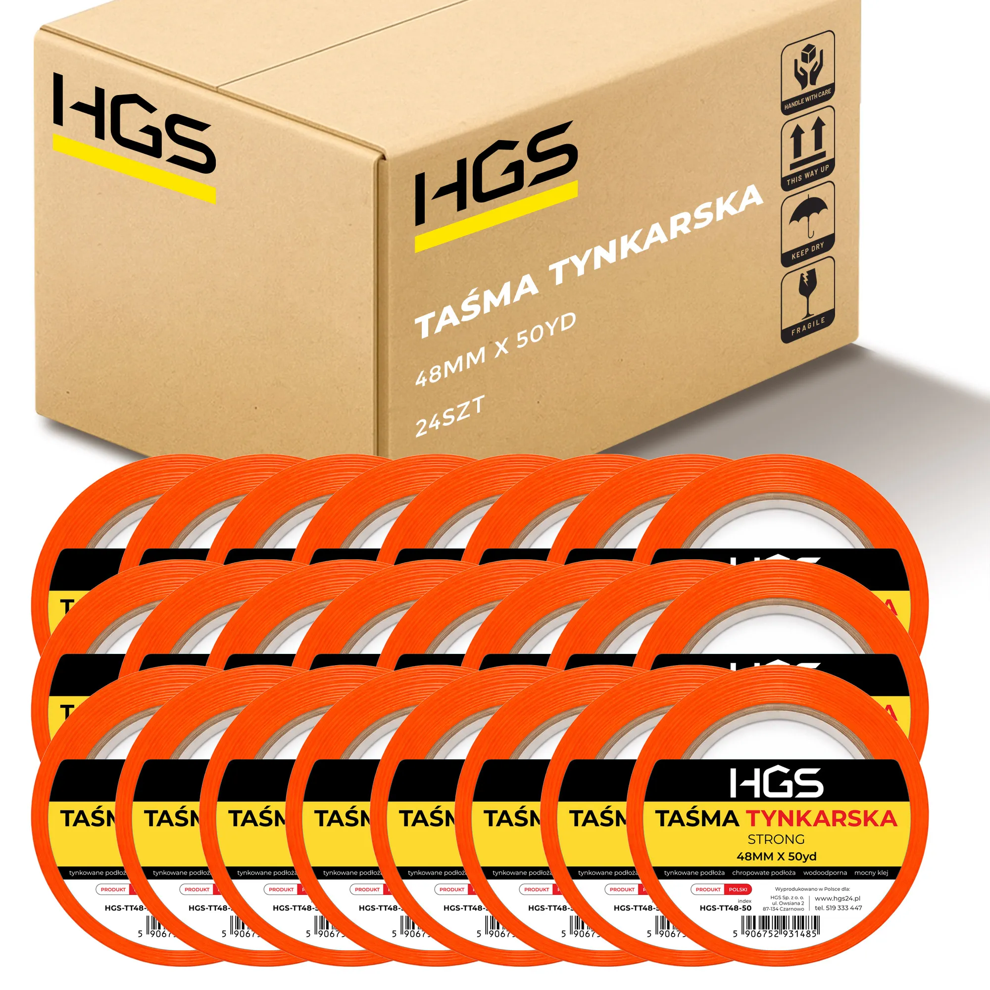 Taśma tynkarska HGS 48mm x 50yd pomarańczowa mocna – karton 24 sztuki