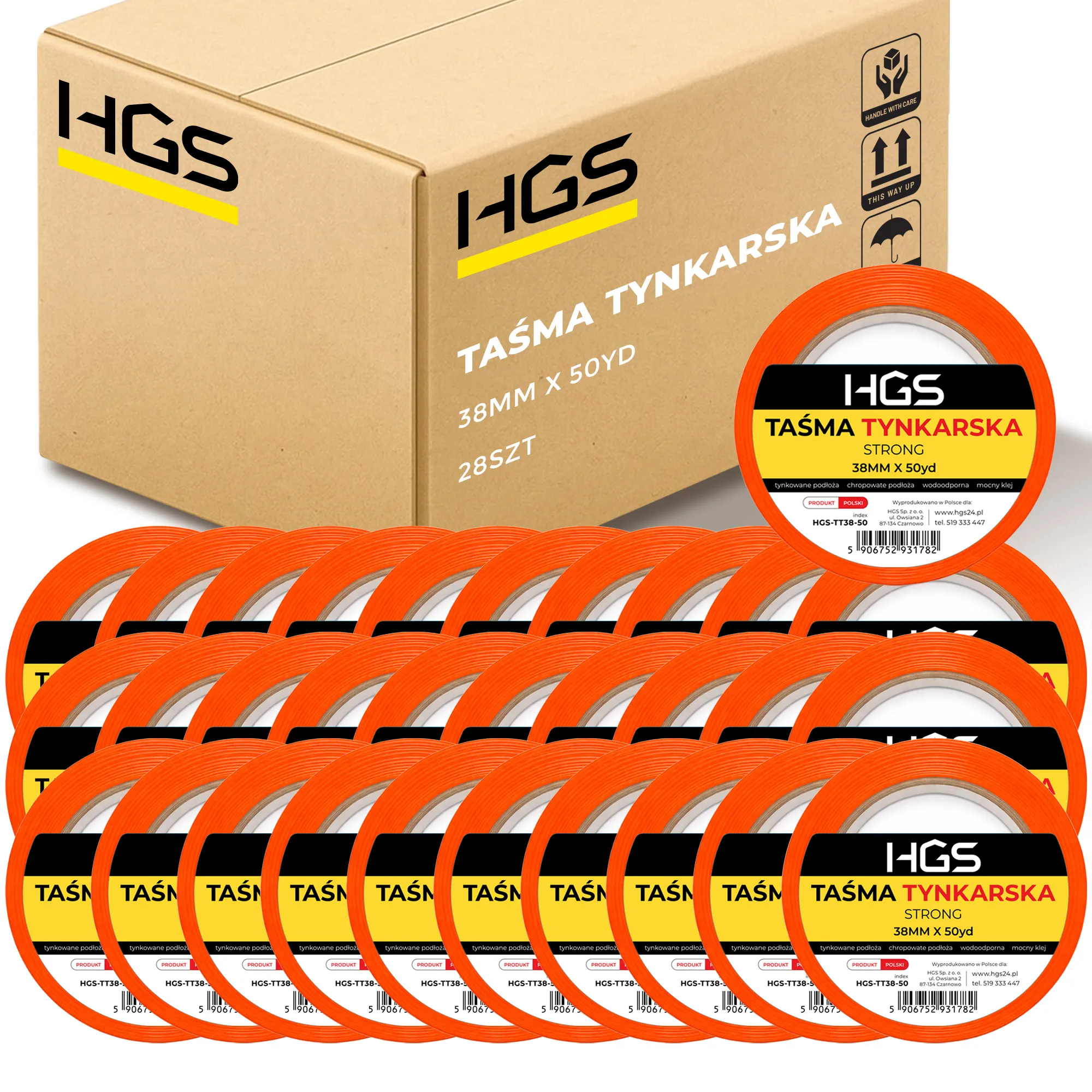 Taśma tynkarska HGS 38mm x 50yd pomarańczowa mocna – karton 28 sztuk
