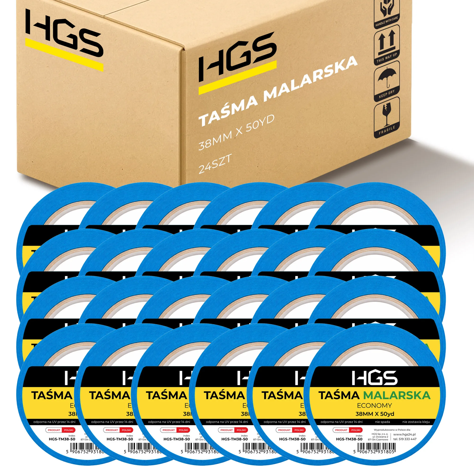 Taśma malarska HGS niebieska 38mm x 50yd BLUE TAPE – karton 24 sztuki