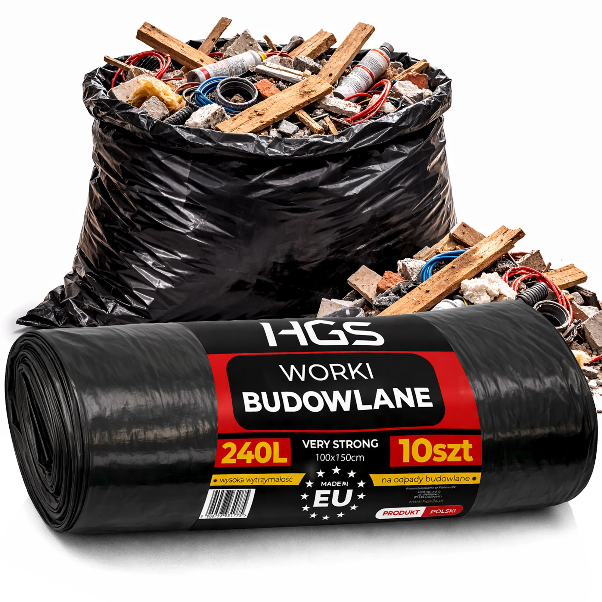 Worki budowlane 240L HGS duże grube mocne worki na odpady budowlane